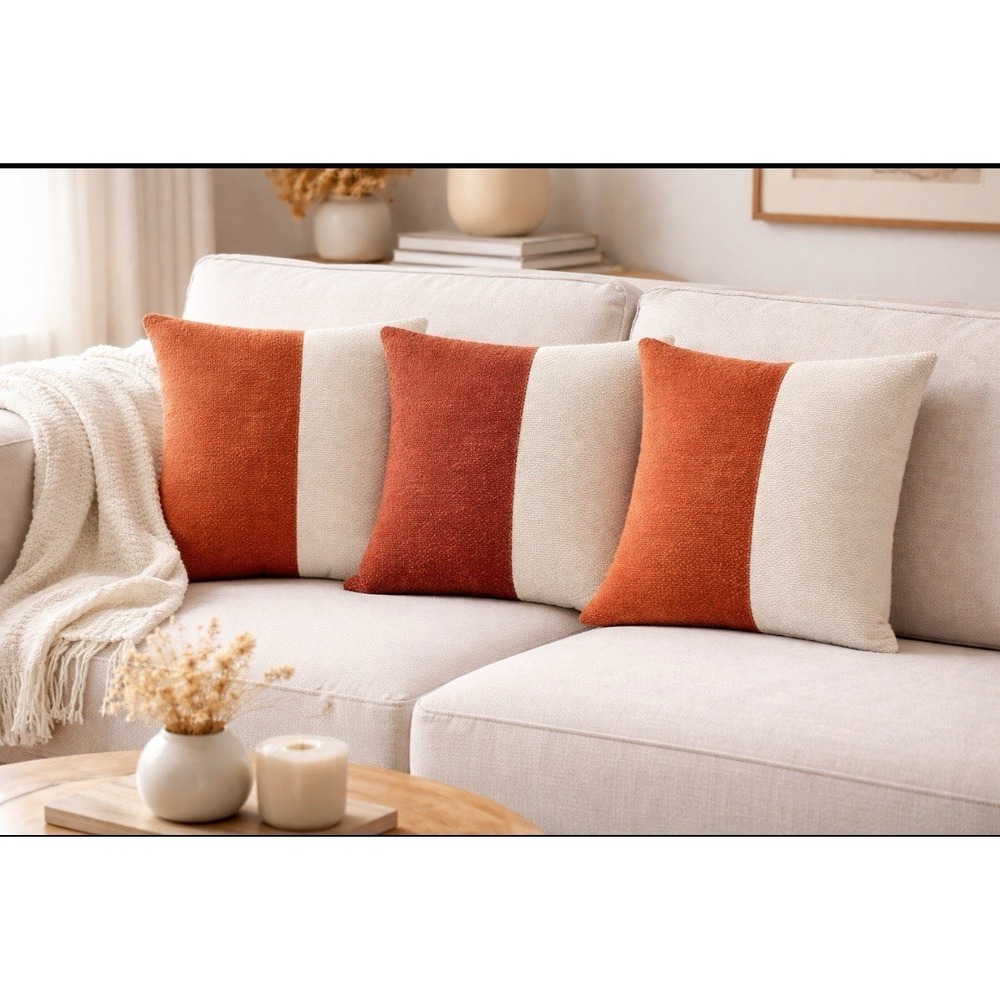 3 Rust & Cream Colorblock Knit Pillow Cover Textured‎ Bouclé Modern Decor Boho